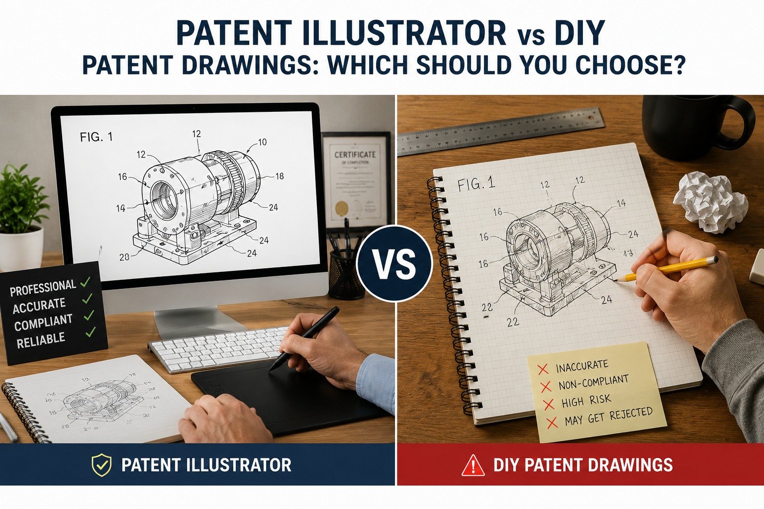 Patent illustrator vs DIY patent drawings comparison showing professional and self-made patent illustrations