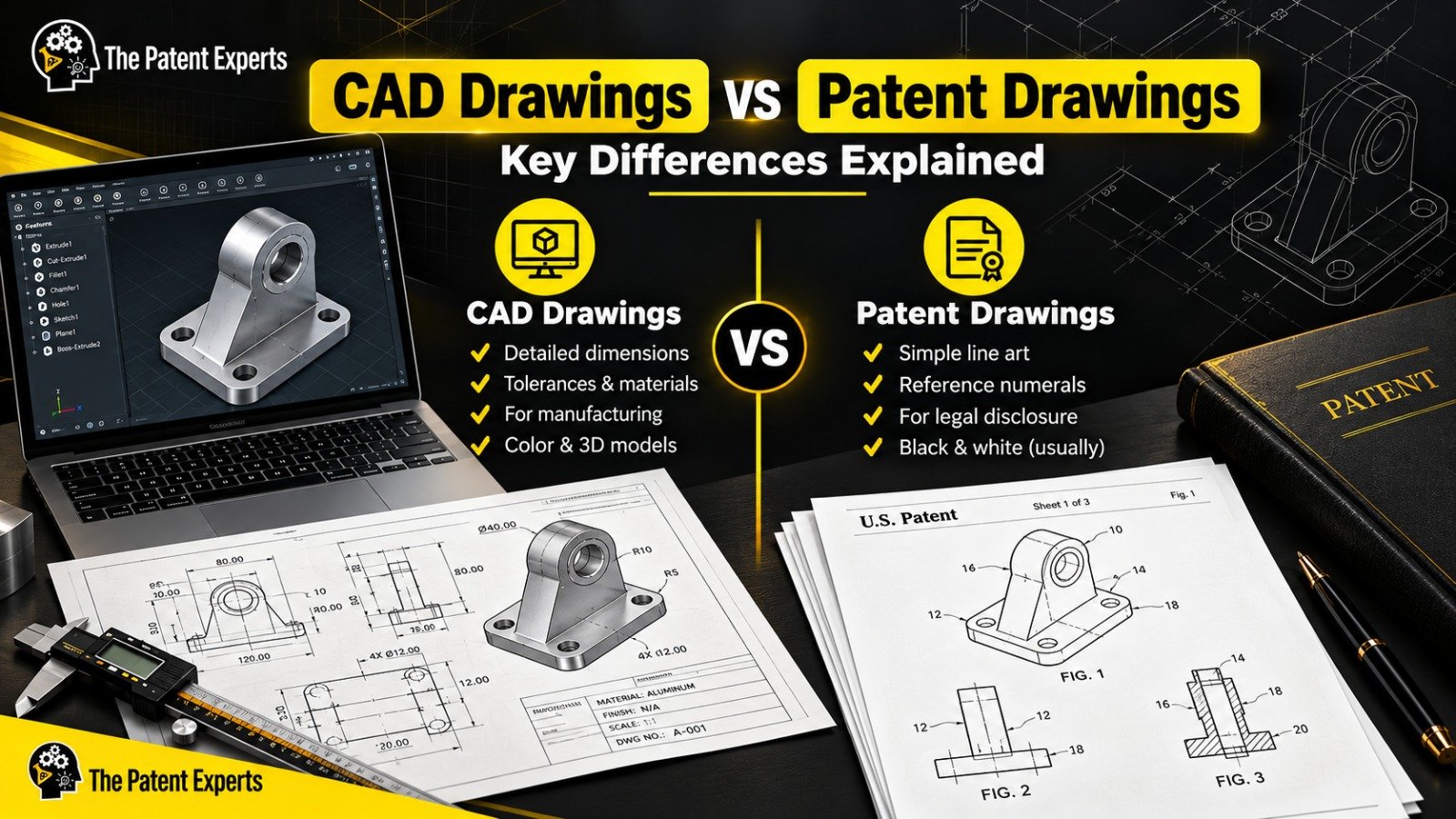 CAD drawings vs patent drawings showing key differences